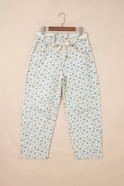 Women's Grommet Knot Waist Floral Barrel Leg Jeans - Jeans