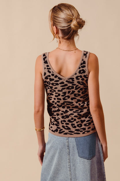 Leopard Knitted Lightweight V Neck Tank Top - Tank Tops