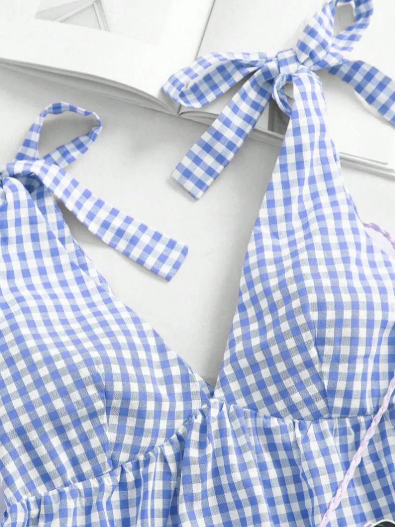 Women's Gingham Tie Shoulder Ruffle Hem Mini Dress - Mini Dresses
