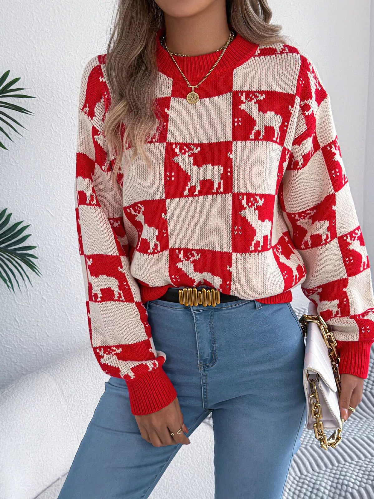 Reindeer Checkerboard Pattern Pullover Sweater