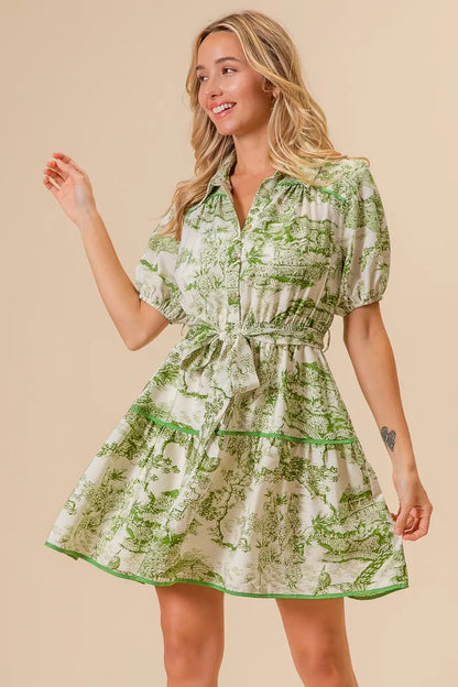 Woven Printed Tiered Mini Dress – outfit idea for women | Ro + Ivy