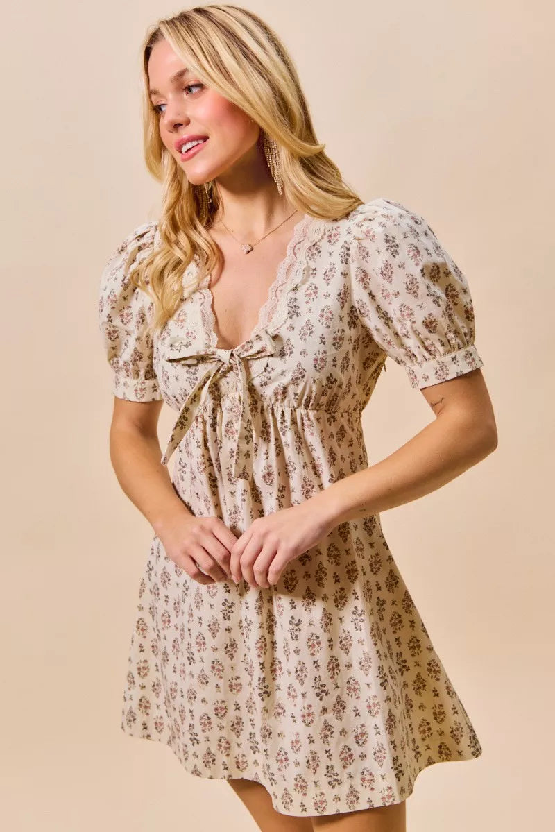 Floral Print Lace Trim Short Sleeves Mini Dress | Trendy Mini Dresses Outfit Idea for Women by Ro + Ivy | Elevated Basics, Modern Comfort & Style