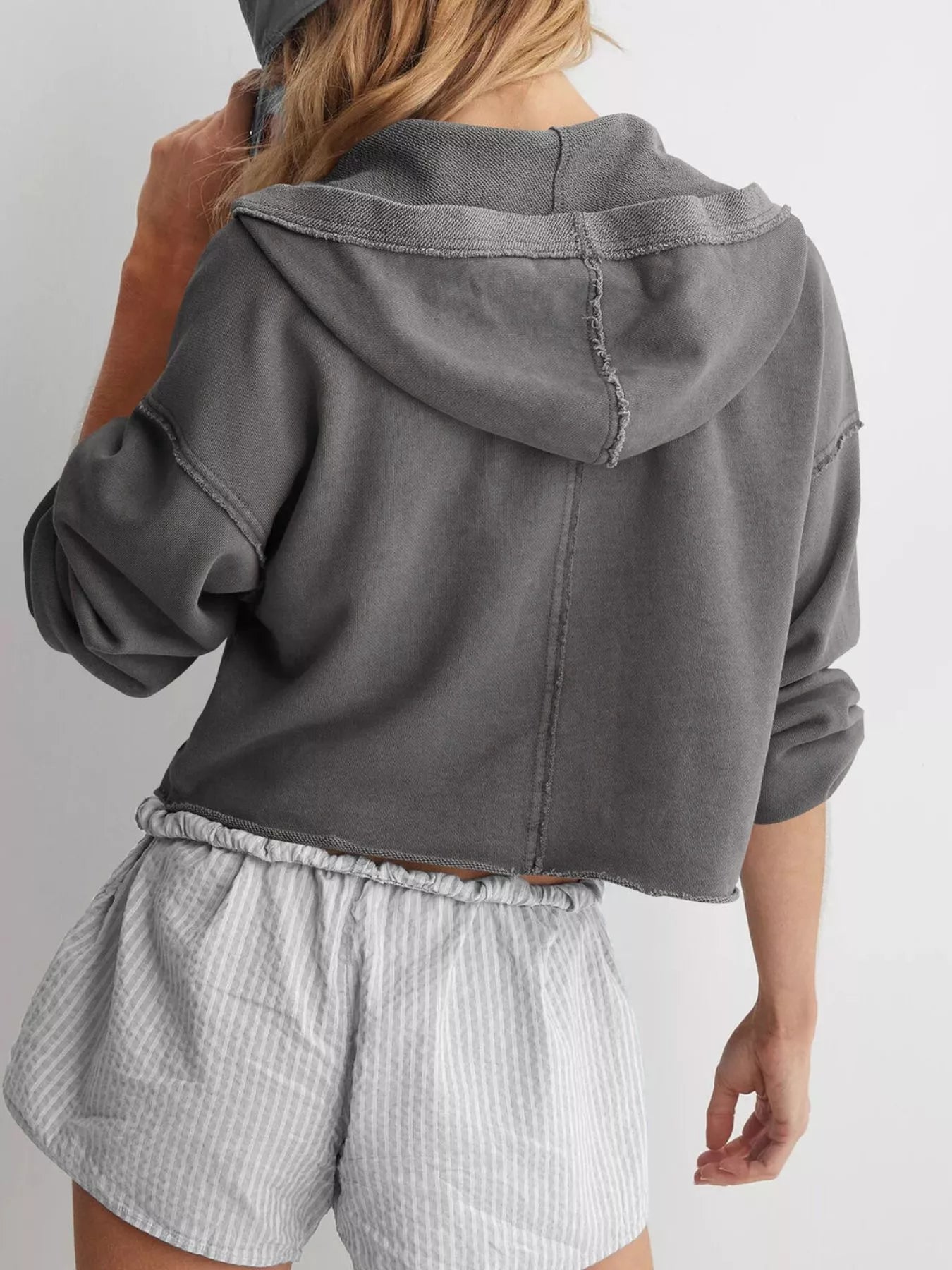 Exposed Seam Dropped Shoulder Hoodie - Pullover Hoodies