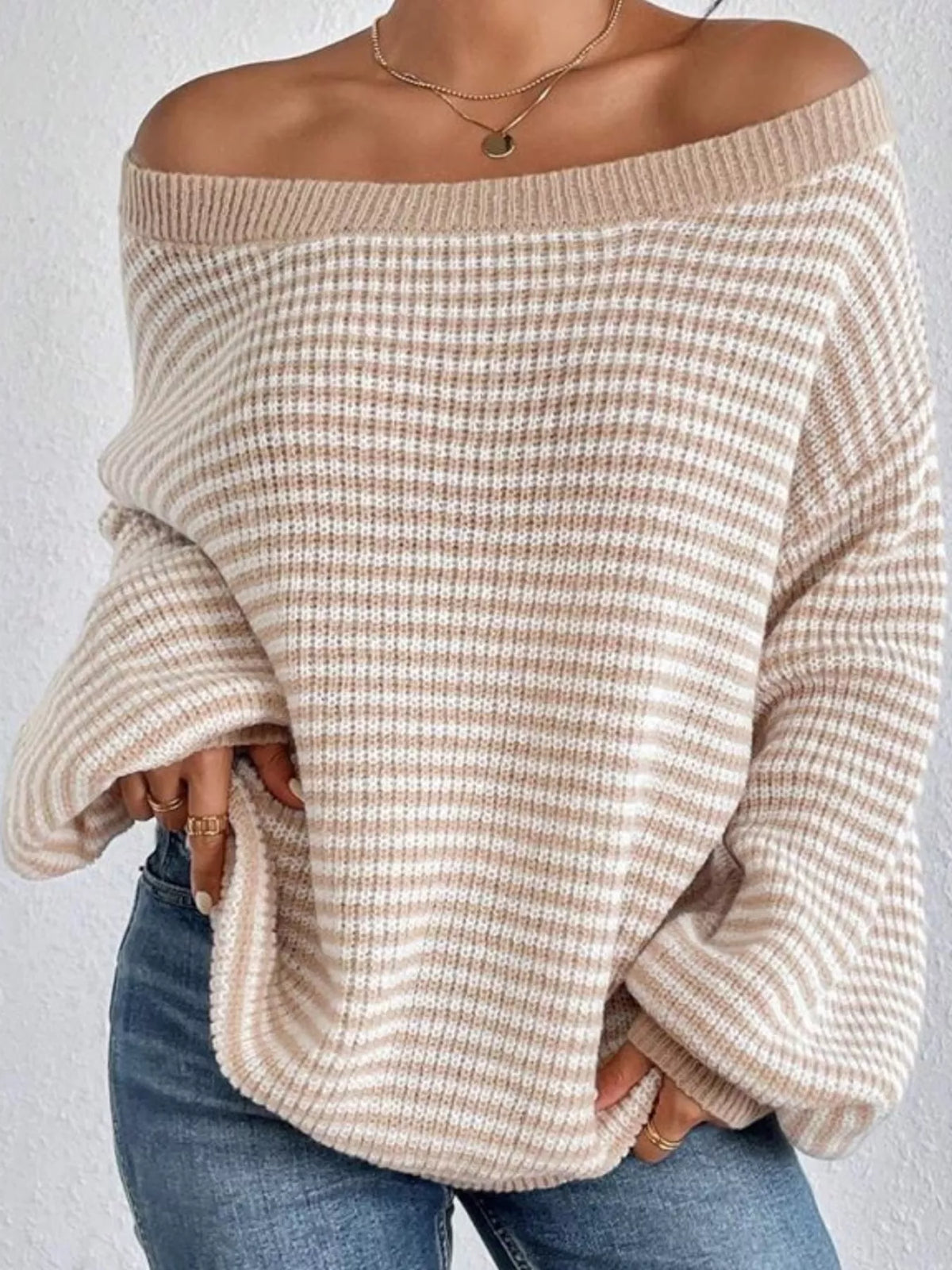 Oversized Striped Ribbed Knit Sweater with Boat Neck Beige