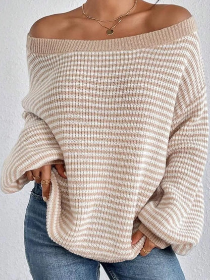 Oversized Striped Ribbed Knit Sweater with Boat Neck Beige