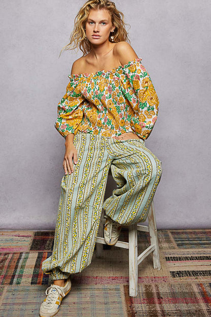 100% Cotton Floral Print Off-Shoulder Smocked Blouse - Blouses