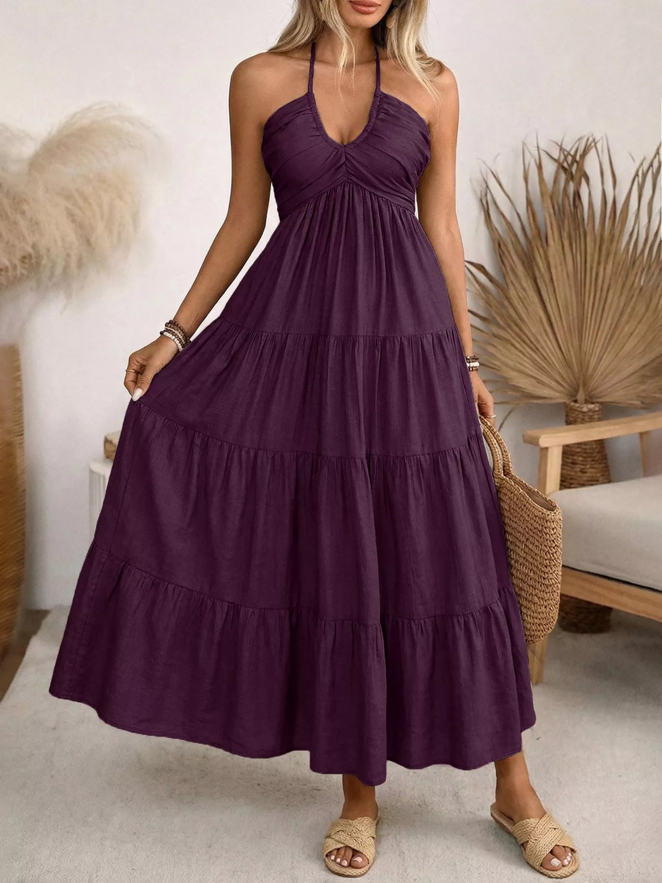 Women's Flowy Halter Neck Tiered Midi Dress - Midi Dresses