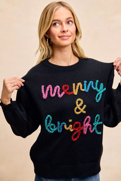 "Merry & Bright" Lettering Christmas Sweater | Trendy Sweaters Outfit Idea for Women by Ro + Ivy | Elevated Basics, Modern Comfort & Style