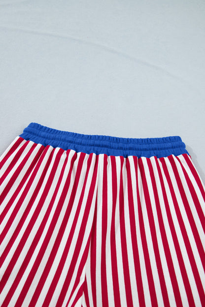 Striped V-Neck Contrast Trim Tee & Matching Shorts Two-Piece Set — Cute Casual Style - Short Sets