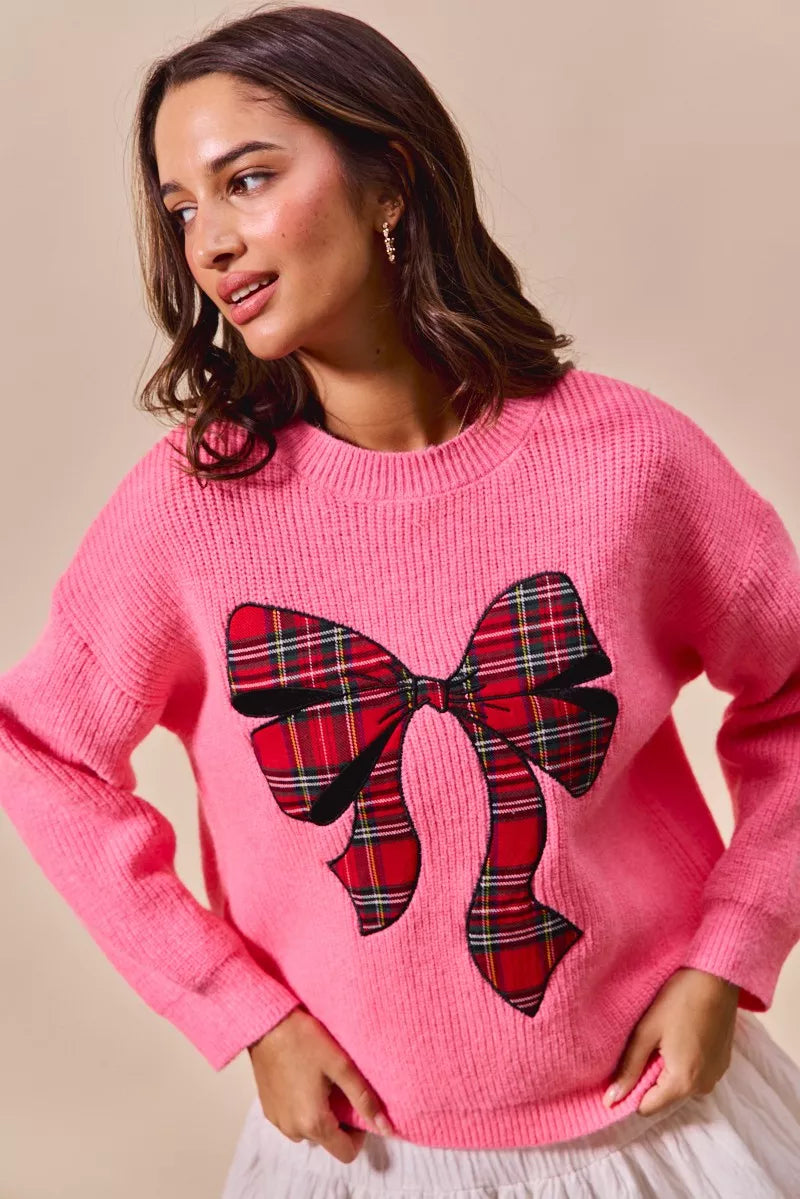Plaid Bow Christmas Crewneck Holiday Sweater | Trendy Sweaters Outfit Idea for Women by Ro + Ivy | Elevated Basics, Modern Comfort & Style