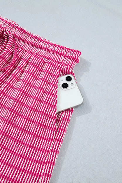 Women's Striped Raised Rib Loose Tee and Drawstring Shorts Set - Matching Sets