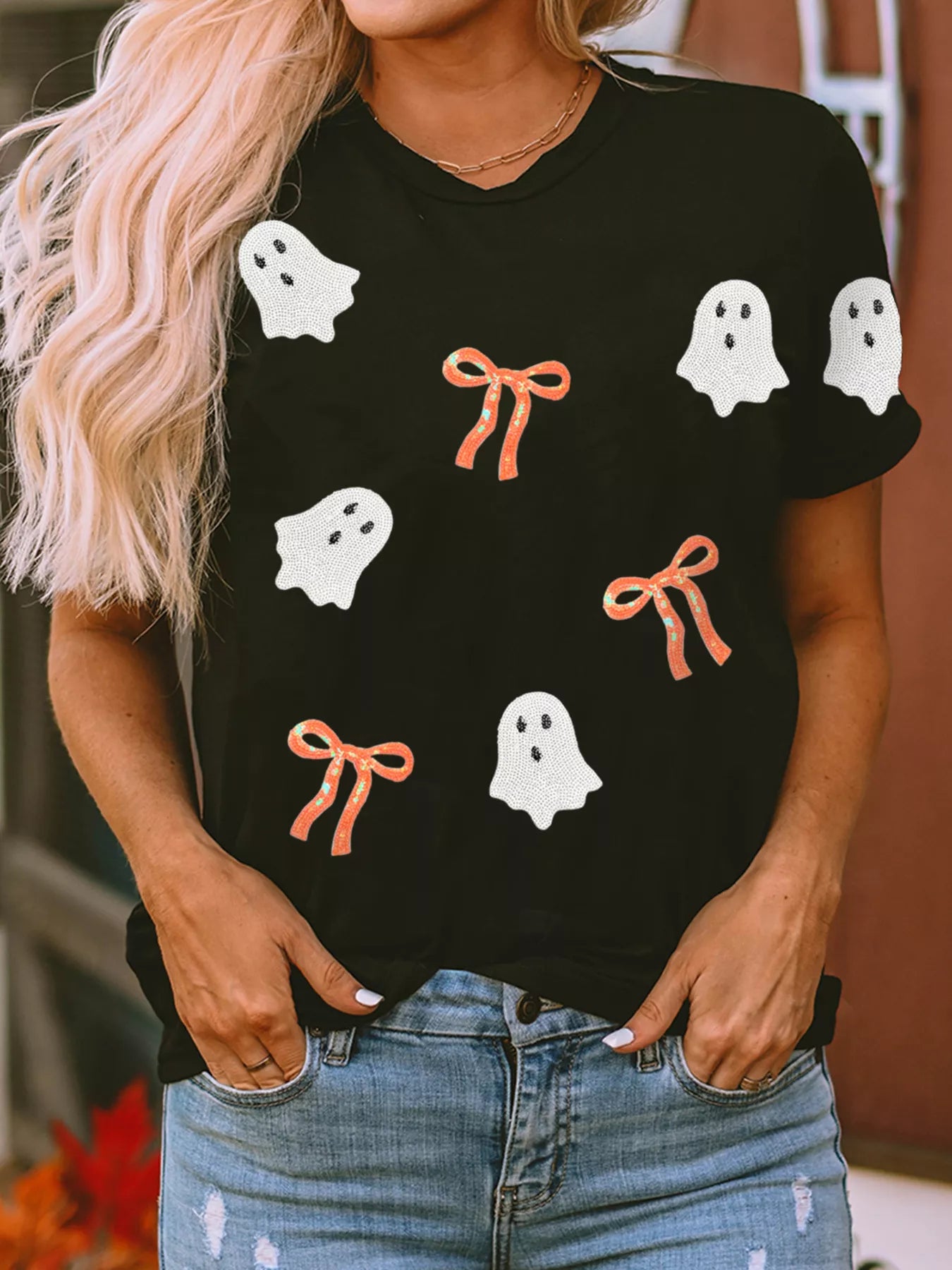Halloween Ghost & Bows Sequins Drop Shoulder Sweatshirt