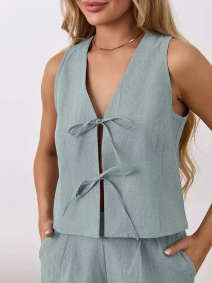 Women's Tie Front Sleeveless Top and Shorts Set - Matching Sets