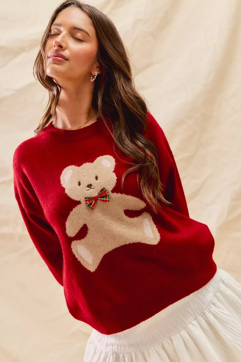 RED Round Neck Long Sleeve Teddy Bear Christmas Sweater | Trendy Sweaters Outfit Idea for Women by Ro + Ivy | Elevated Basics, Modern Comfort & Style