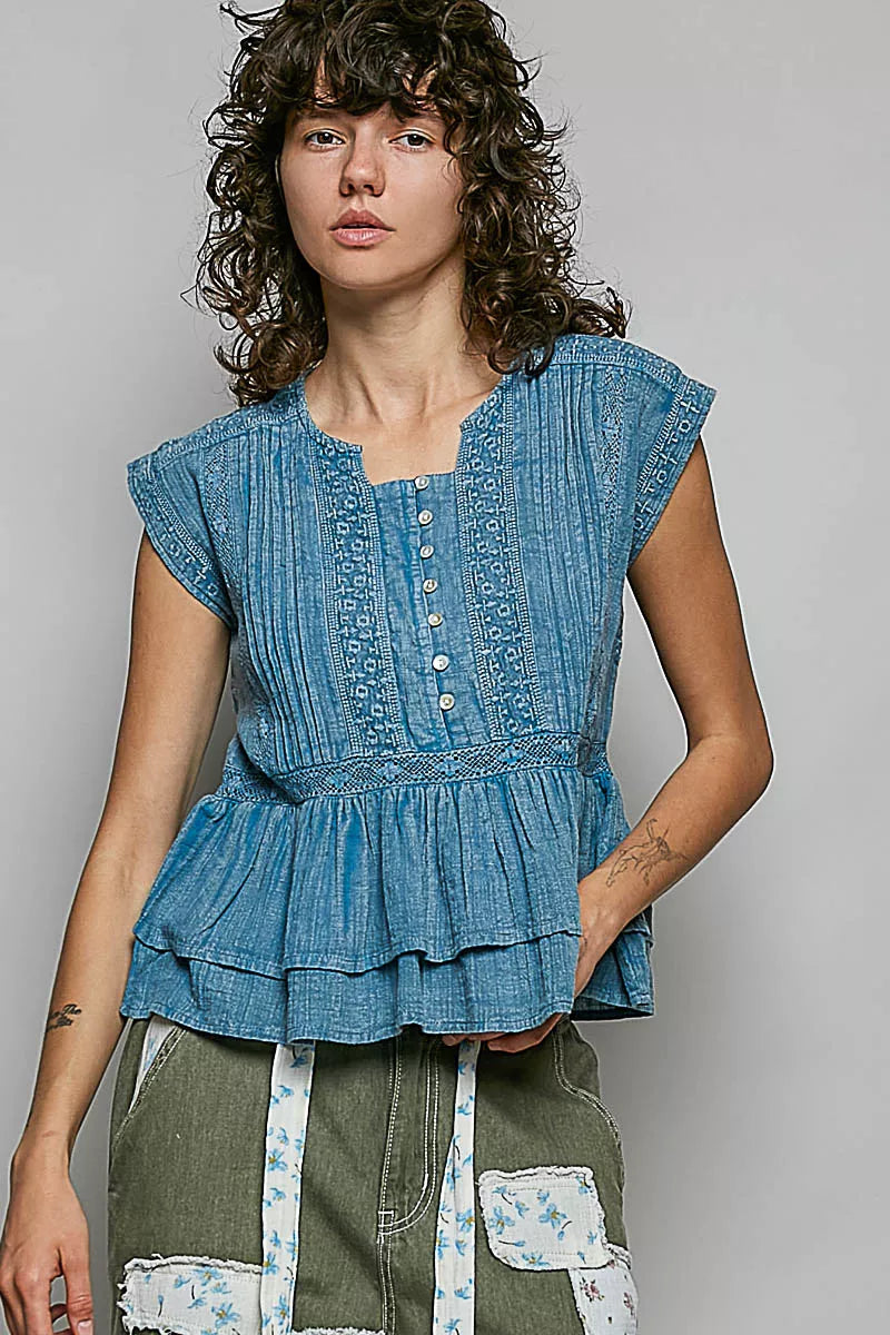 Women's Eyelet Embroidered Pintuck Cotton Blouse - DENIM BLUE Blouses