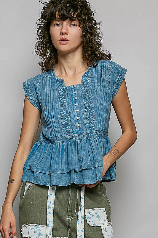 Women's Eyelet Embroidered Pintuck Cotton Blouse DENIM BLUE