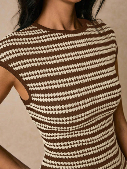 Round Neck Short Sleeve Striped Bodycon Midi Dress - Midi Dresses