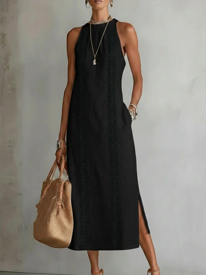 Women's Side Slit Sleeveless Hollow Out Trimmed Midi Dress - Black Midi Dresses