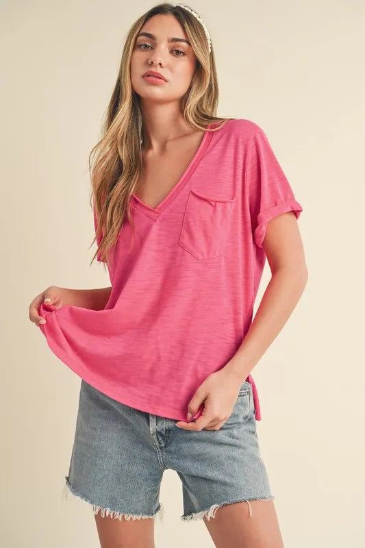 Side Slit V-Neck Short Rolled Sleeve T-Shirt – Hot Pink outfit idea for women | Ro + Ivy