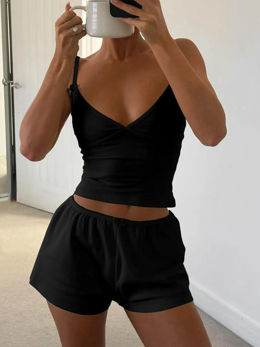 Women's V-Neck Cami and Shorts Lounge Set Black