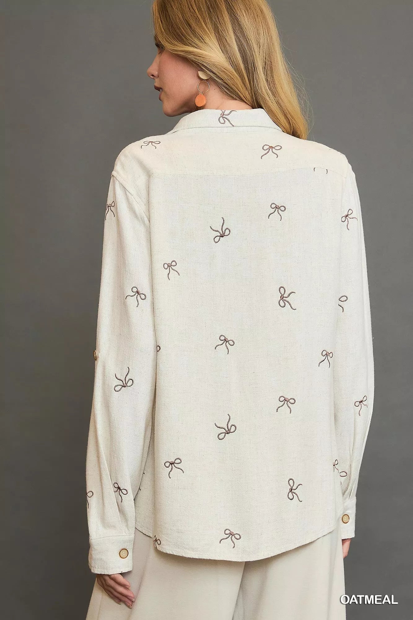 Ribbon Linen Blend Button Up Shirt in Oatmeal | Trendy Shirts Outfit Idea for Women by Ro + Ivy | Elevated Basics, Modern Comfort & Style