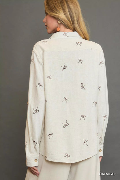 Ribbon Linen Blend Button Up Shirt in Oatmeal | Trendy Shirts Outfit Idea for Women by Ro + Ivy | Elevated Basics, Modern Comfort & Style