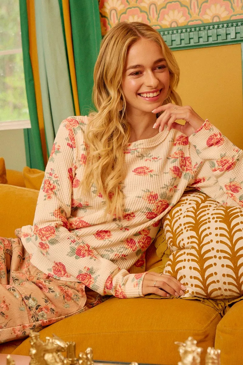 Oatmeal Washed Floral Long Sleeve Waffle Thermal Top with Sleeve Thumb Hole | Trendy Tops Outfit Idea for Women by Ro + Ivy | Elevated Basics, Modern Comfort & Style