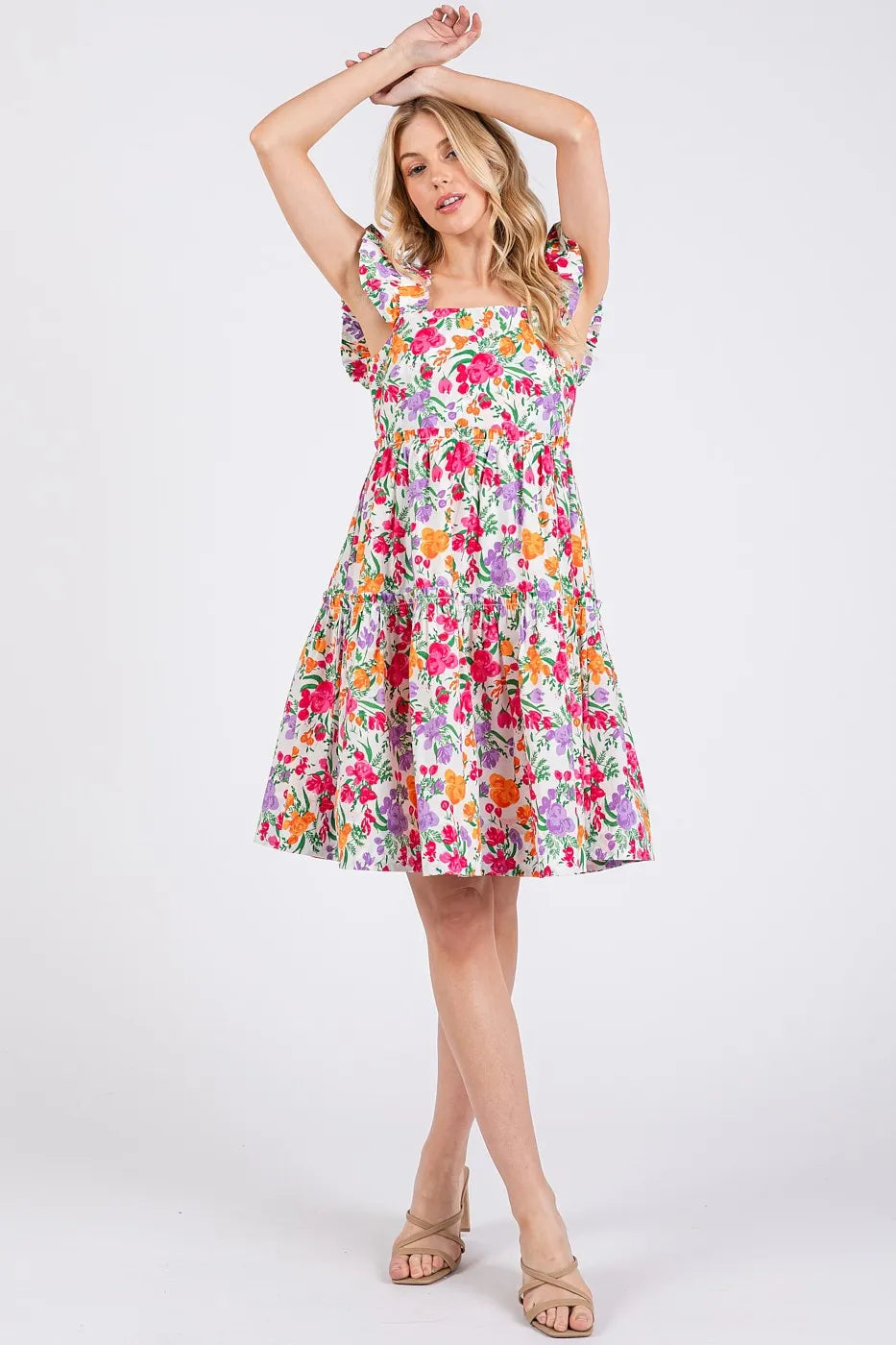 Flower Print Ruffle Shoulder A-Line Mini Dress – outfit idea for women | Ro + Ivy