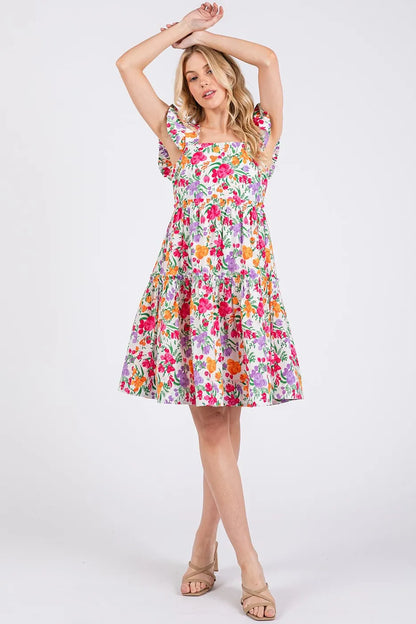 Flower Print Ruffle Shoulder A-Line Mini Dress – outfit idea for women | Ro + Ivy