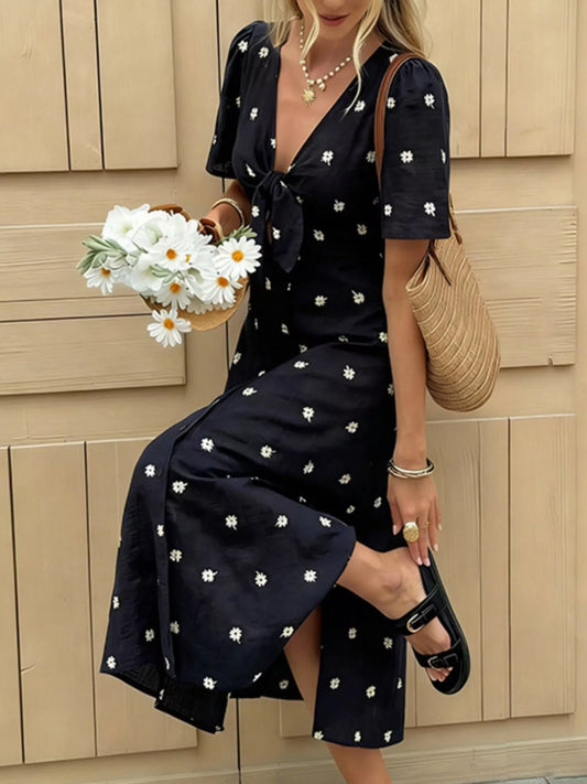 Women's Daisy Print Tie Front Midi Dress Navy Blue