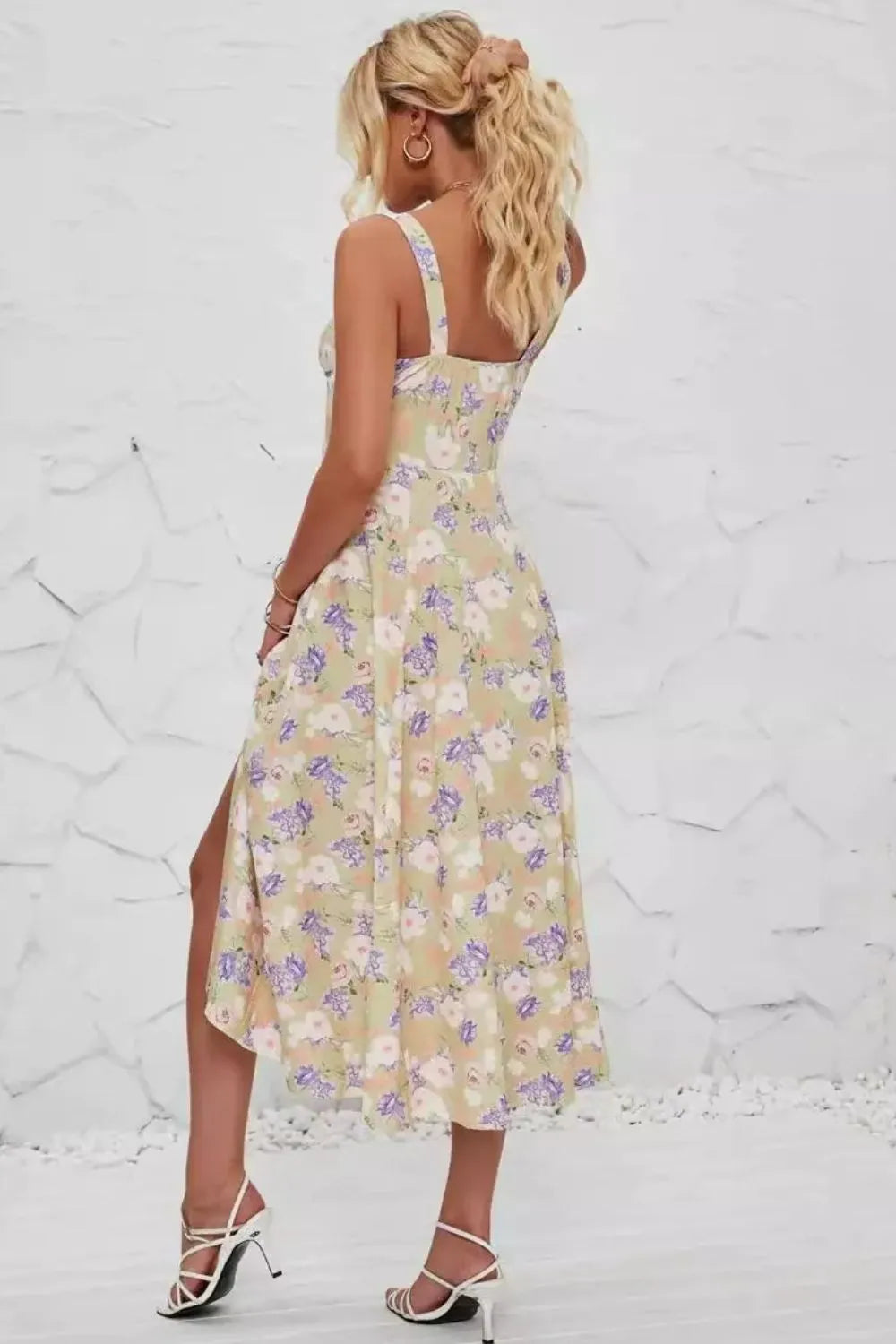 Women's Floral Print Cami Midi Dress with Side Slit - Midi Dresses