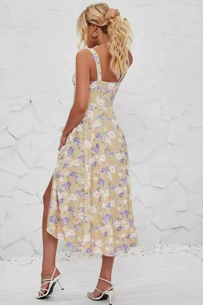 Women's Floral Print Cami Midi Dress with Side Slit - Midi Dresses
