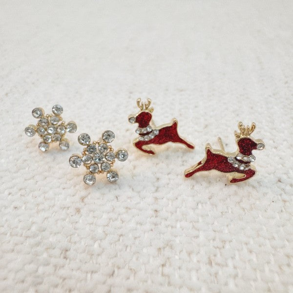 Holiday Reindeer & Snowflake Stud Earrings Set Of 2 | Trendy Earrings Outfit Idea for Women by Ro + Ivy | Elevated Basics, Modern Comfort & Style