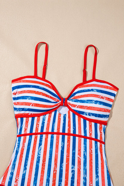 Americana Stars & Stripes Cutout Spaghetti Strap One-Piece Swimsuit — Patriotic Floral Accent Summery Style - One-Piece Swimsuits