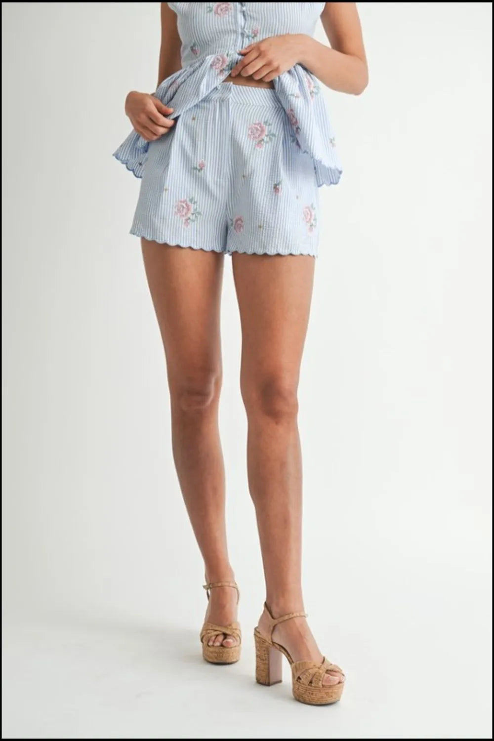 Stripe Embroidered Peplum Cami And Shorts Set – outfit idea for women | Ro + Ivy