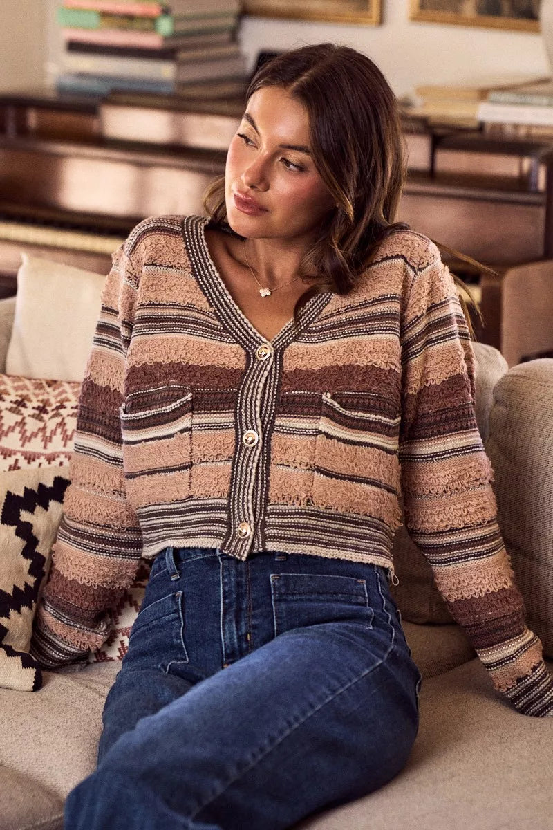 Textured Variegated Multi Color Cardigan - Cardigans