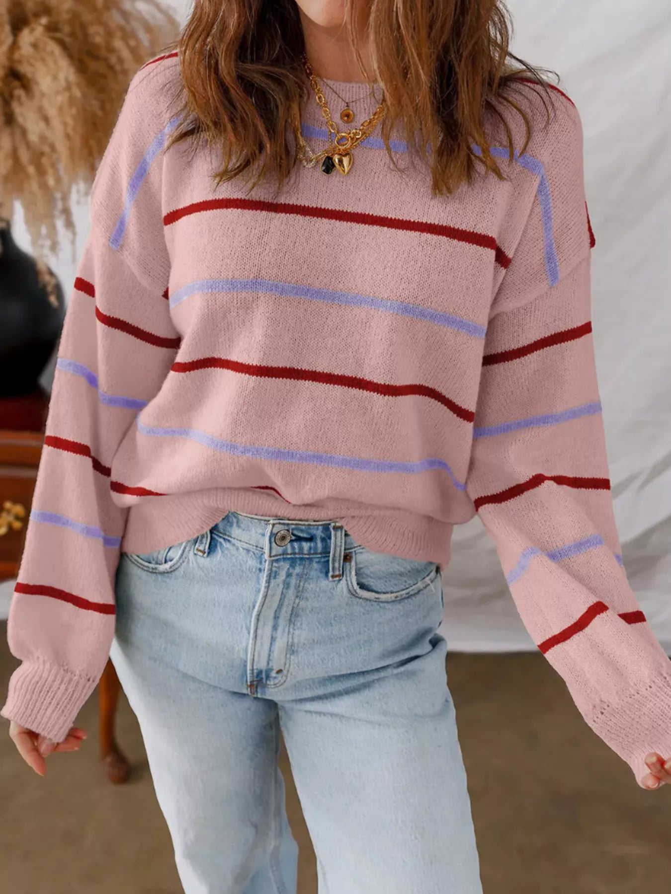 Women's Striped Round Neck Drop Shoulder Sweater - Pink Sweaters