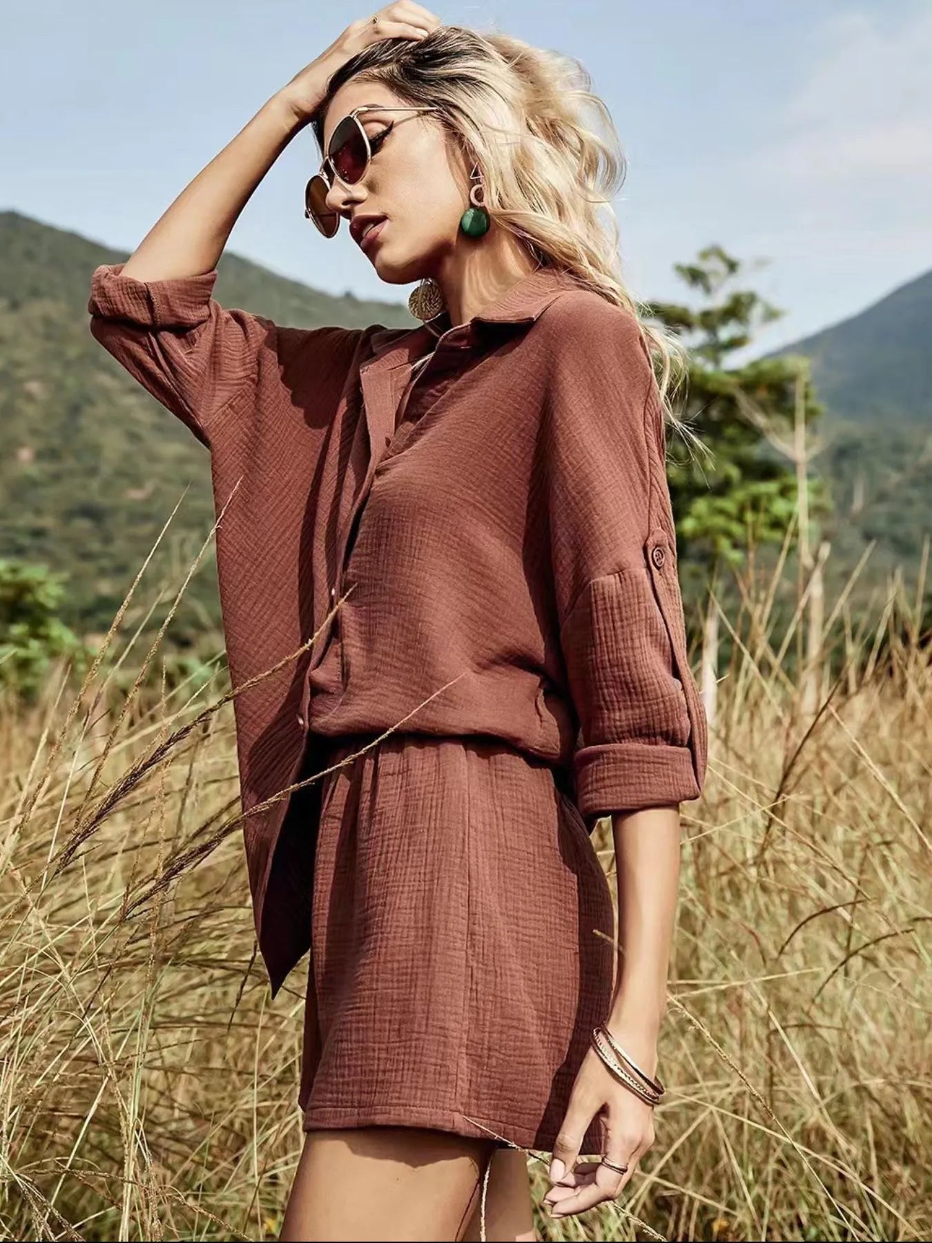 Women's Button Down Shirt and Shorts Set - Matching Sets