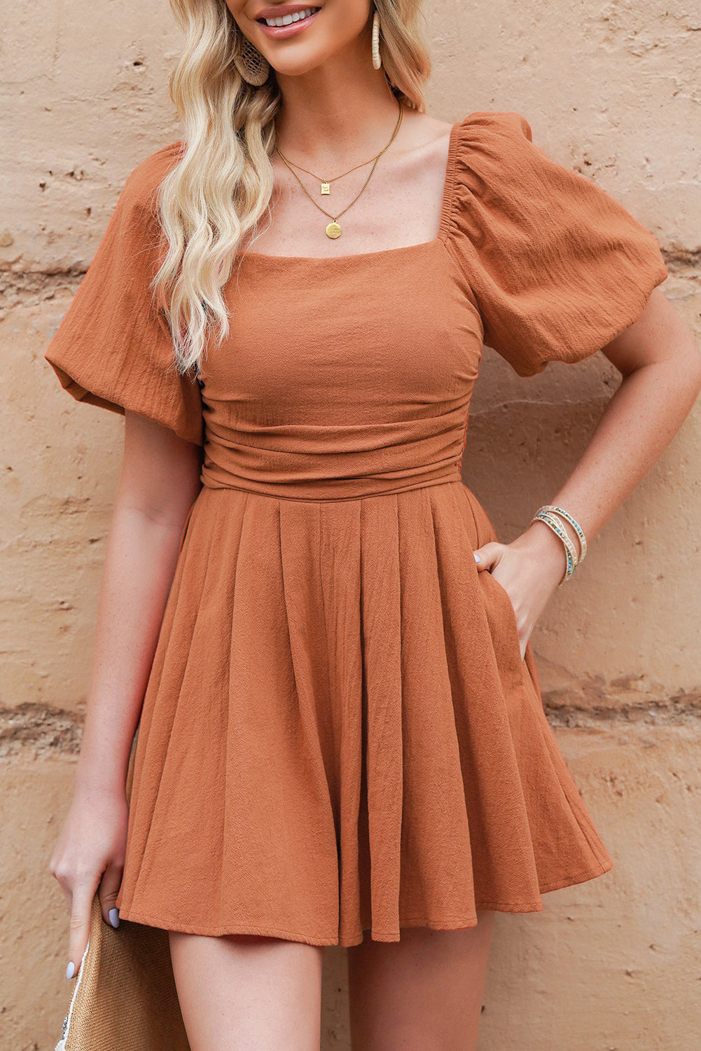 Square Neck Puff Sleeve Pleated Romper With Pockets - Ochre Rompers