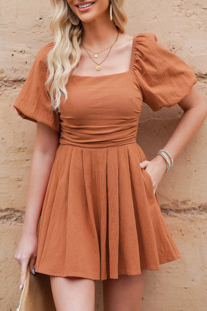 Square Neck Puff Sleeve Pleated Romper With Pockets - Ochre Rompers