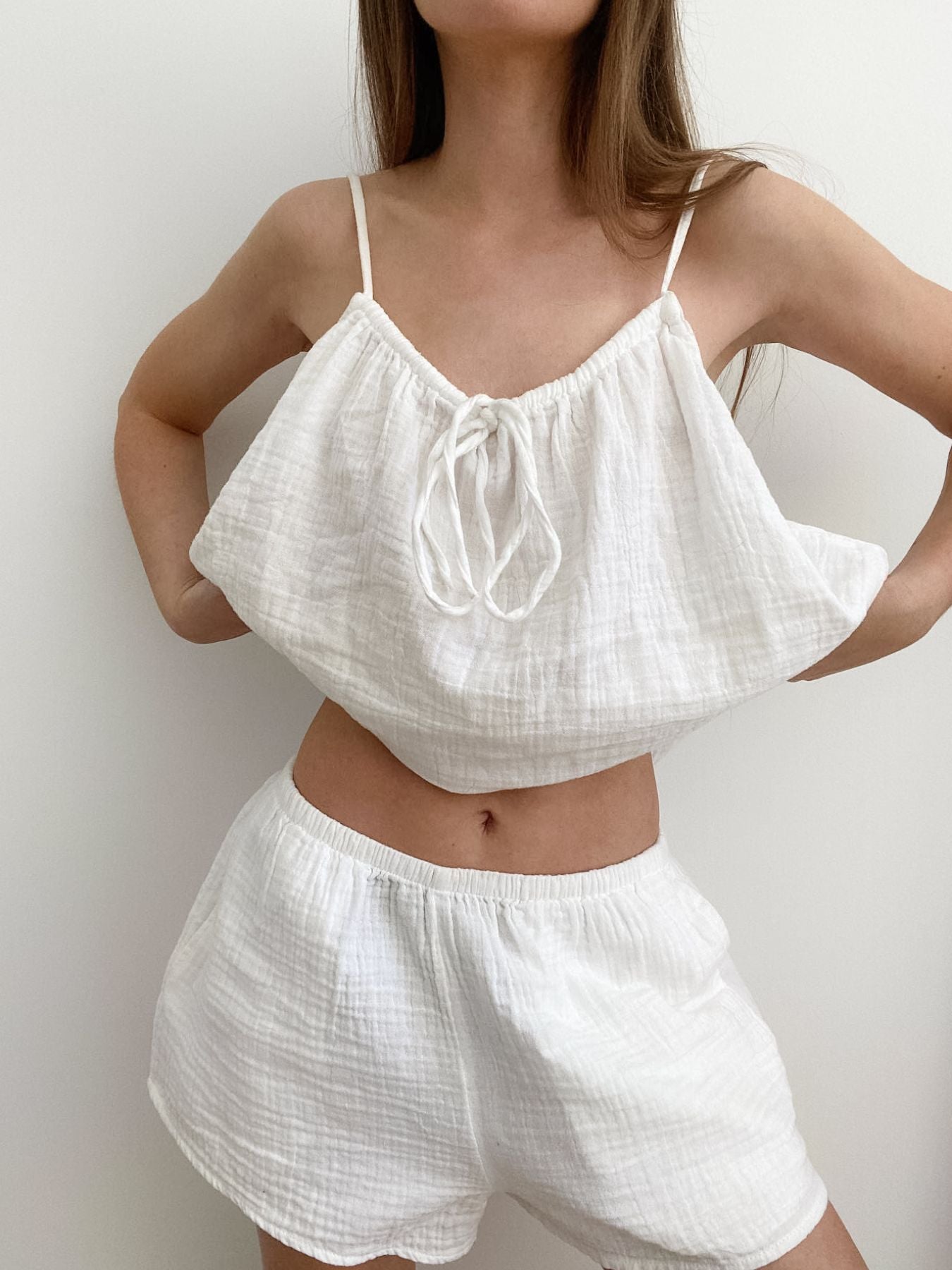 Tie Front Relaxed Fit Cami And Shorts Set - Outfit Sets