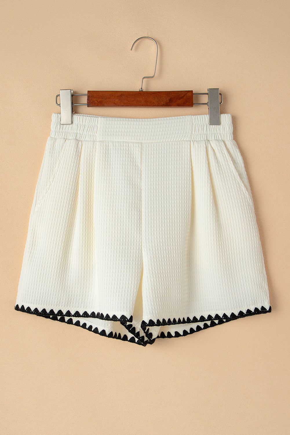 Contrast Ricrac Hem Waffle Textured Casual Shorts — Unique Relaxed Summer Style - Bottoms/Casual Shorts