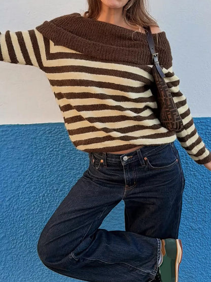 Off-Shoulder Striped Ribbed Knit Top with Long Sleeves