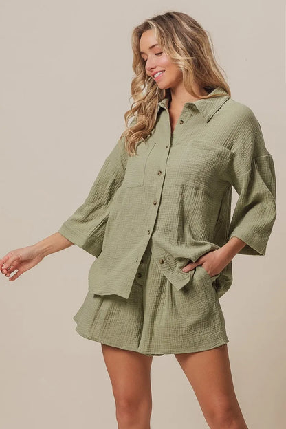 Crinkle Gauze Shirt And Short Set – outfit idea for women | Ro + Ivy