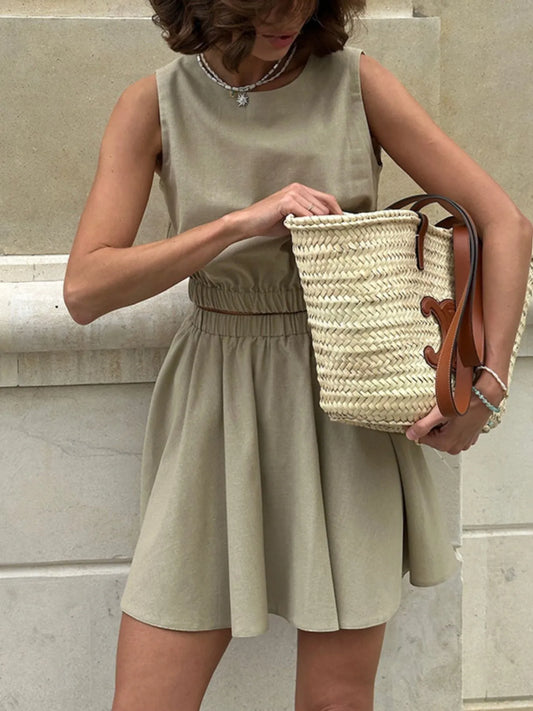 Round Neck Sleeveless Top and Skirt Set - Khaki Outfit Sets