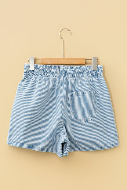 Elastic Waist Striped Relaxed Fit Casual Denim Shorts — Breezy Summer Everyday Style - Denim Shorts