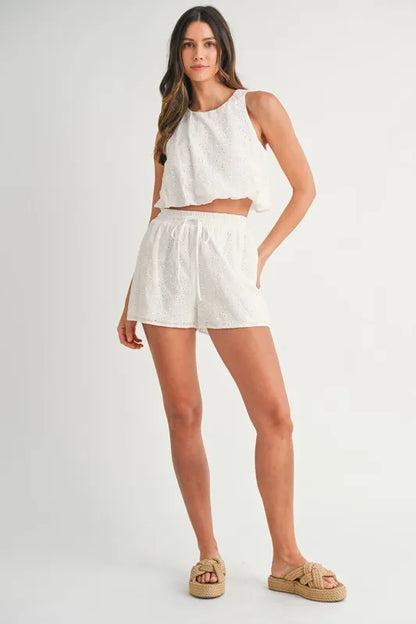 Eyelet Bubble Hem Sleeveless Top And Shorts Set – outfit idea for women | Ro + Ivy