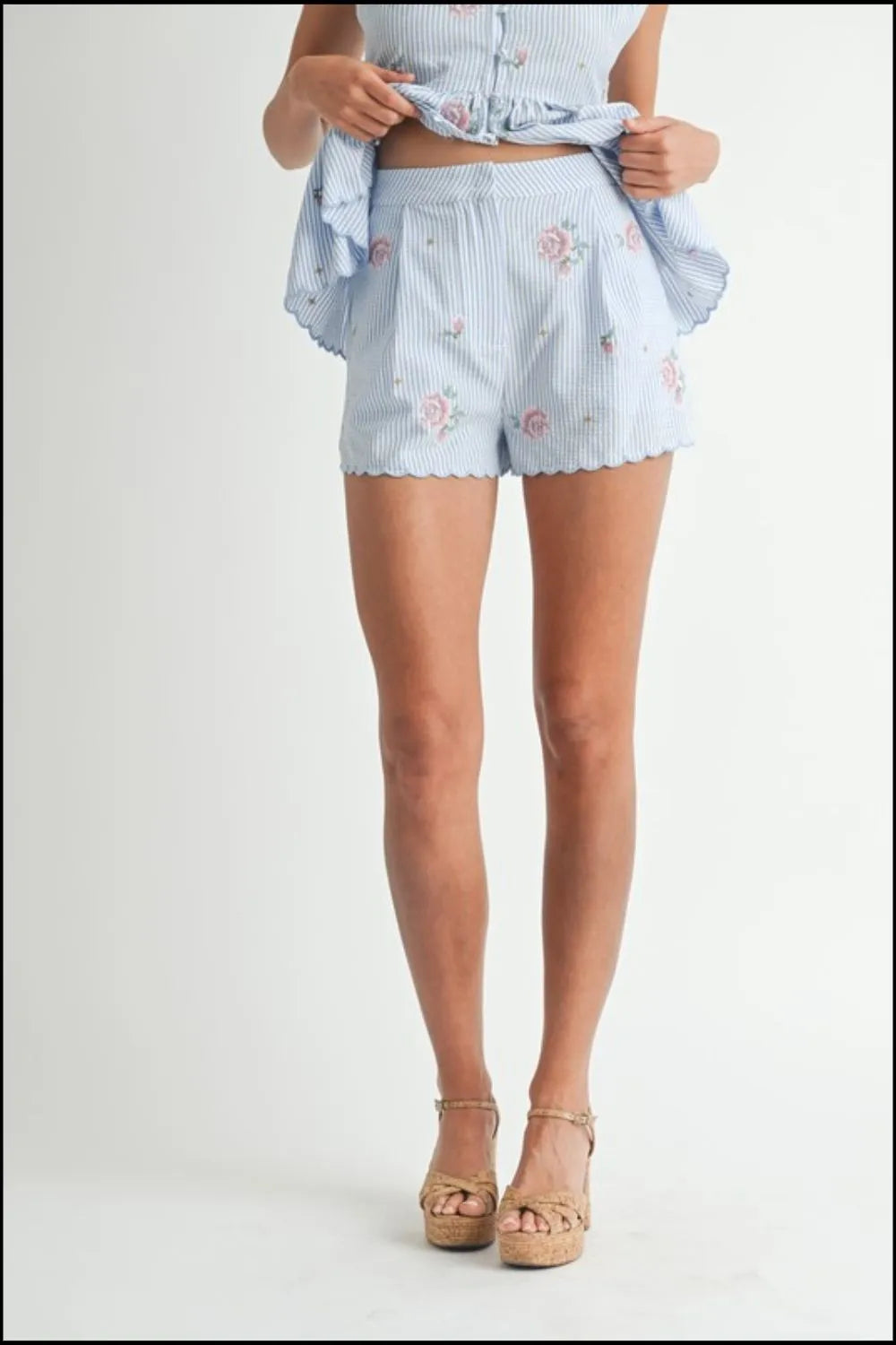 Stripe Embroidered Peplum Cami And Shorts Set – outfit idea for women | Ro + Ivy