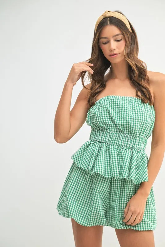 Gingham Strapless Tube Top & Matching Shorts Two-Piece Set — Trendy Warm Weather Cute Style - Outfit Sets