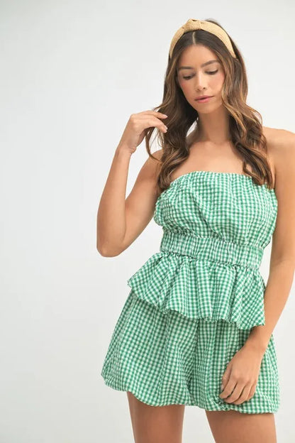 Gingham Strapless Tube Top & Matching Shorts Two-Piece Set — Trendy Warm Weather Cute Style - Outfit Sets